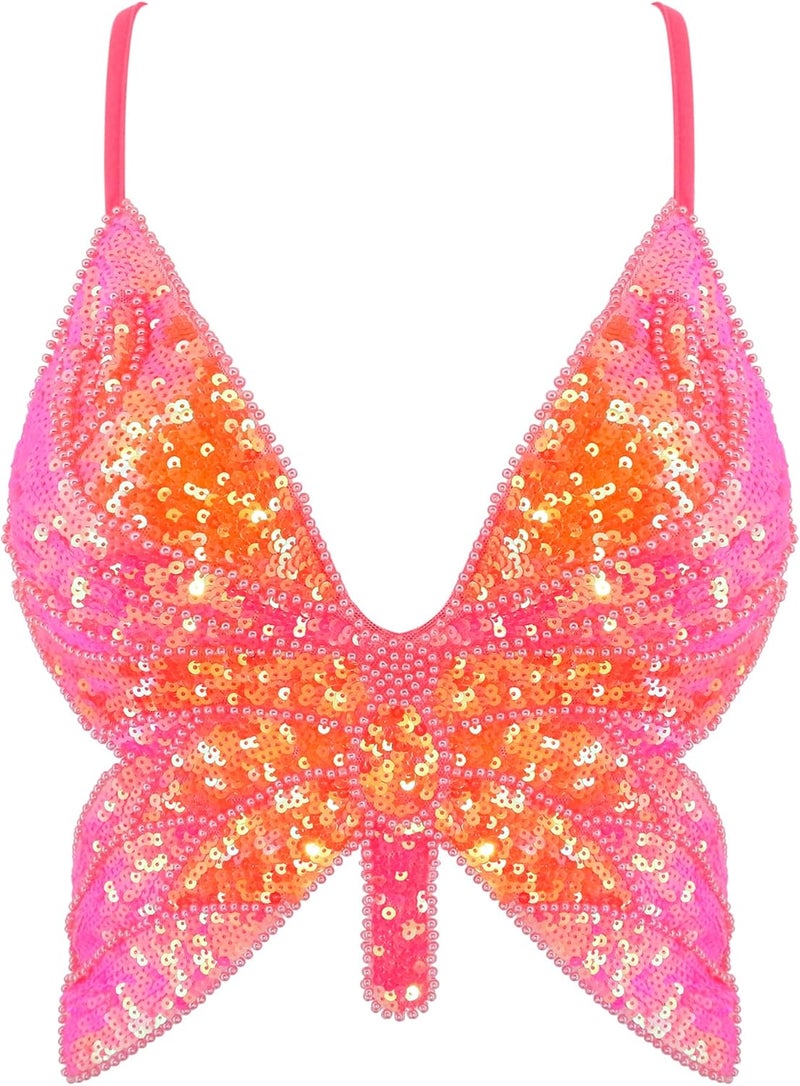 Mocure Womens Glitter Sequin Butterfly Crop Top Low-Cut Tank Top Rave Tube Vest Top for Belly Dance Costume Outfits - Image 1